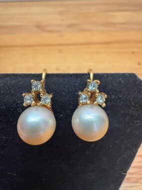 Majorica Vintage Faux Pearl & Rhinestone Omega Back Clip On Earrings Gold Tone